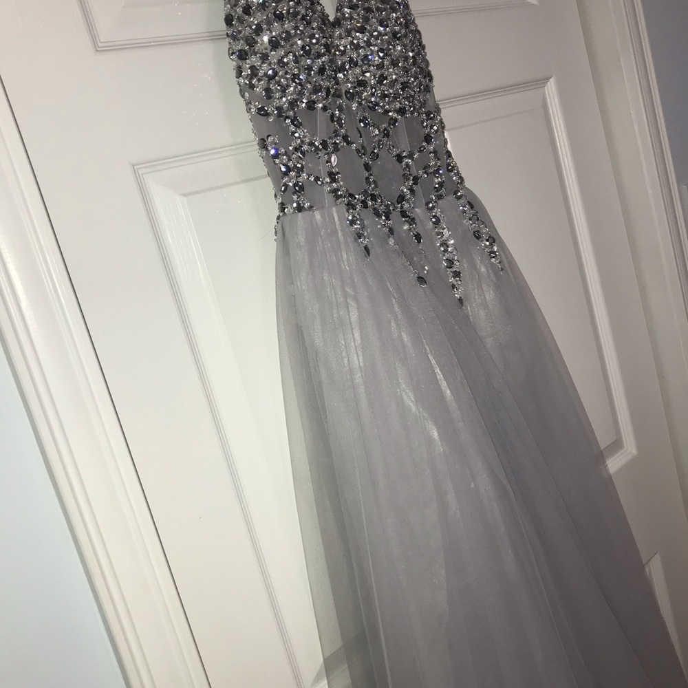 Long silver sequinned prom dress
